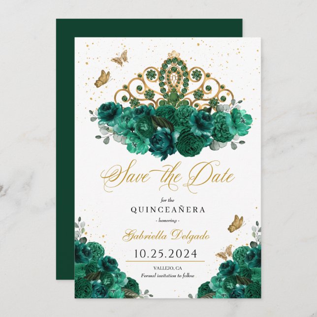 Green & Gold Tiara Save the Date Quinceañera Einladung (Vorne/Hinten)