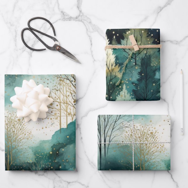 Green Gold Trees Weihnachten Geschenkpapier Set (Vorderseite)