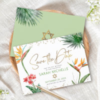 Green Gold Tropical Bat Mitzvah Floral Palm Modern