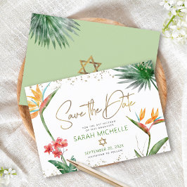 Green Gold Tropical Bat Mitzvah Floral Palm Modern Save The Date