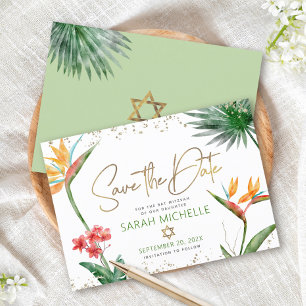 Green Gold Tropical Bat Mitzvah Floral Palm Modern Save The Date