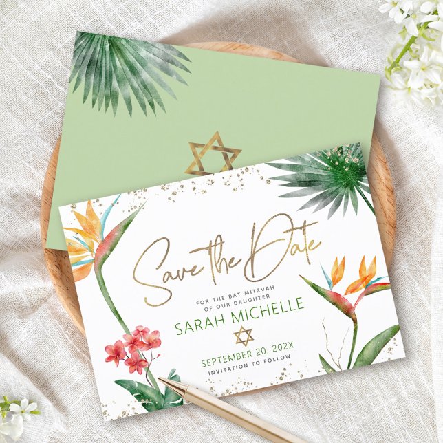 Green Gold Tropical Bat Mitzvah Floral Palm Modern Save The Date (Von Creator hochgeladen)