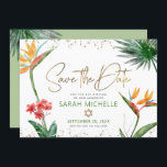 Green Gold Tropical Bat Mitzvah Floral Palm Modern Save The Date<br><div class="desc">Achten Sie darauf, dass alle Ihre Freunde und Verwandten den Meilenstein Ihrer Tochter Bat Mitzvah feiern können! Schicken Sie diese schicke, personalisierte "Save the Date" Anzeigenkarte. Atemberaubende, farbenfrohe tropische Wasserfarbenvögel paradiesischer Blume, Imitate handgeschriebene goldene Schrift, Star of David und Glitzer Punkte, zusammen mit grün und grau modernen Sans Serif Typ,...</div>