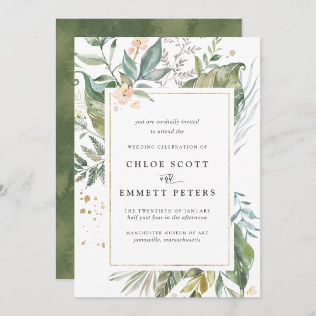 Green Gold Tropical Botanical Wedding Einladung (Vorne/Hinten)
