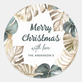 Green & Gold Tropical Palm Wreath Weihnachten Runder Aufkleber
