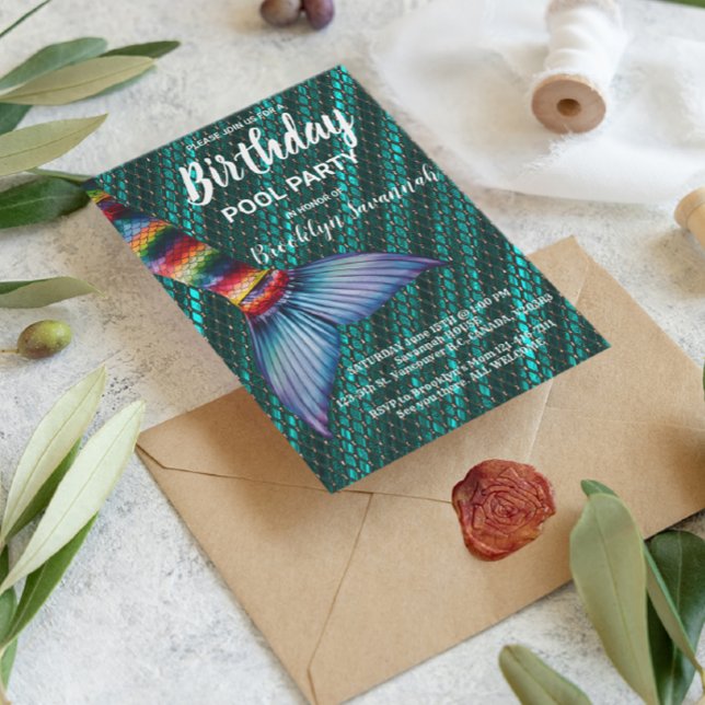 Green Gold Türkise Mermaid Schwanz Pool Party Postkarte (Von Creator hochgeladen)