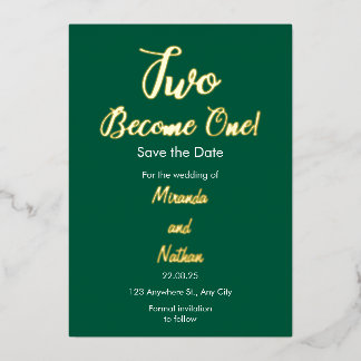 Green & Gold Two Become One Foil Wedding Invitatio Folieneinladung