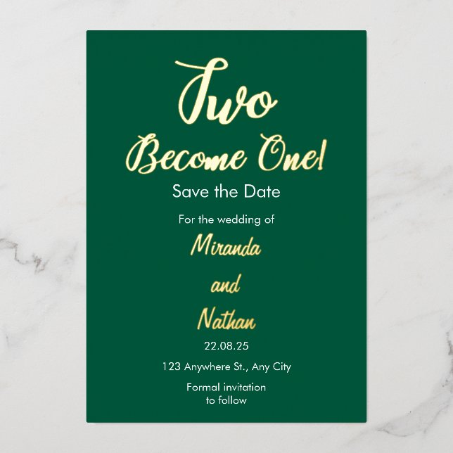 Green & Gold Two Become One Foil Wedding Invitatio Folieneinladung (Vorderseite)
