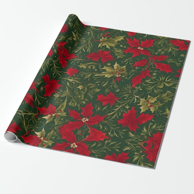 Green Gold und Red Christmas Holly Blume Geschenkpapier (Ungerollt)