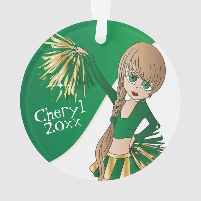 Green, Gold und White Cheerleader Girl 📣 Ornament (Rückseite)