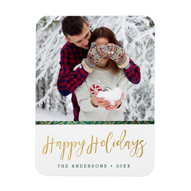 Green & Gold Verziert Happy Holidays Magnet (Vertikal)