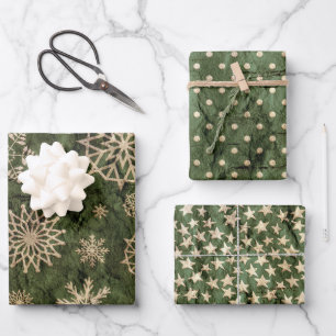 Green Gold Vintage Weihnachten Schneeflocken Stern Geschenkpapier Set