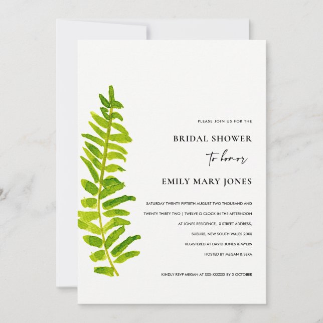 GREEN GOLD WATERCOLOR FERN FOLIAGE BRAUTPARTY EINLADUNG (Vorderseite)