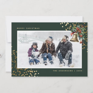 Green Gold Watercolor Holly Bell Foto Feiertagskarte