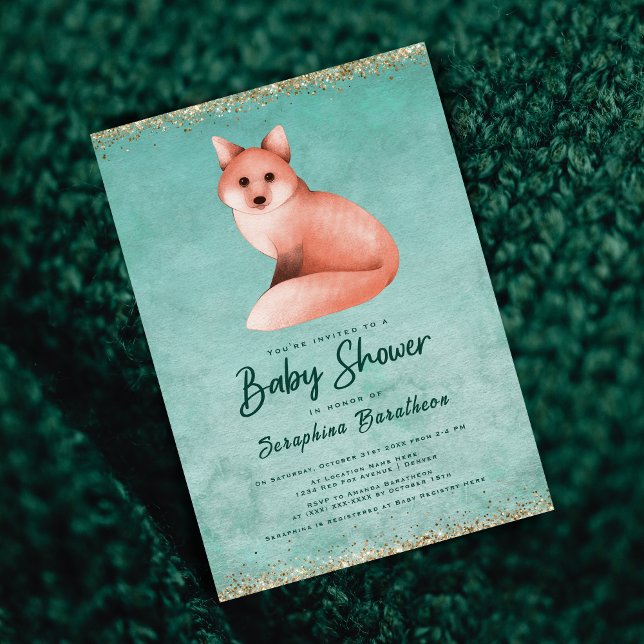 Green Gold Watercolor Woodland Fox Baby Dusche Einladung (Von Creator hochgeladen)