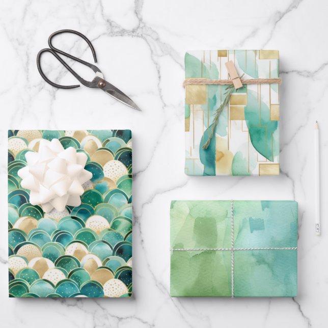 Green Gold White Abstrakt Geschenkpapier Set (Vorderseite)