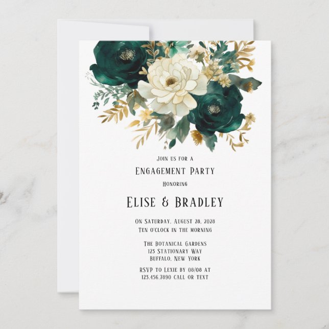 Green Gold White Botanical Floral Engagement Party Einladung (Vorderseite)