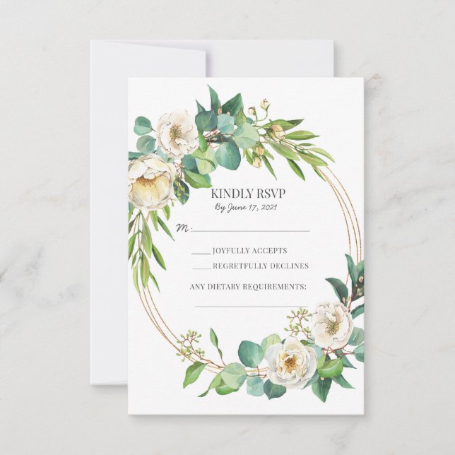 Green Gold White Floral Wedding RSVP Karten (Vorderseite)