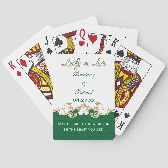 Green Gold White Irish Wedding Cards Spielkarten (Rückseite)