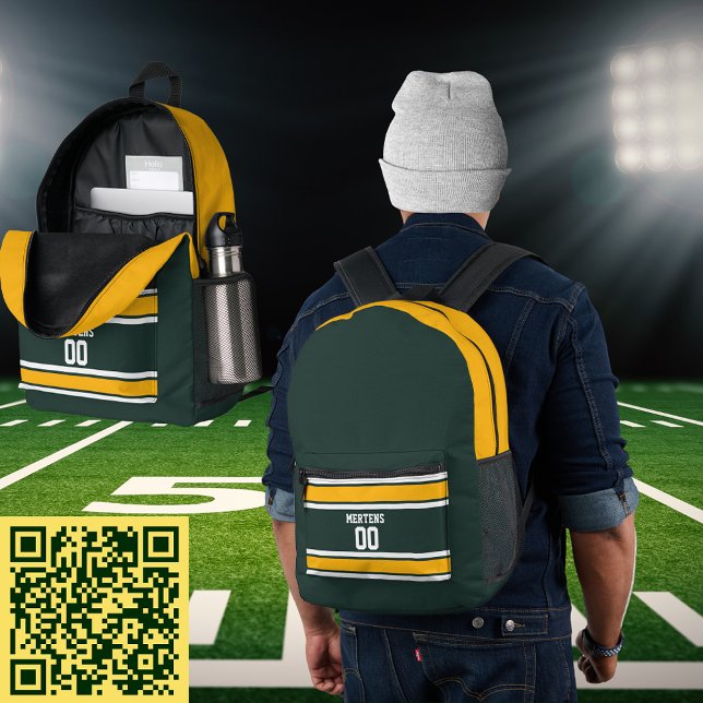 Green Gold White Sports Strike Jersey Teamname Bedruckter Rucksack (Green Gold White Sports Striped Jersey Team Name Printed Backpack)