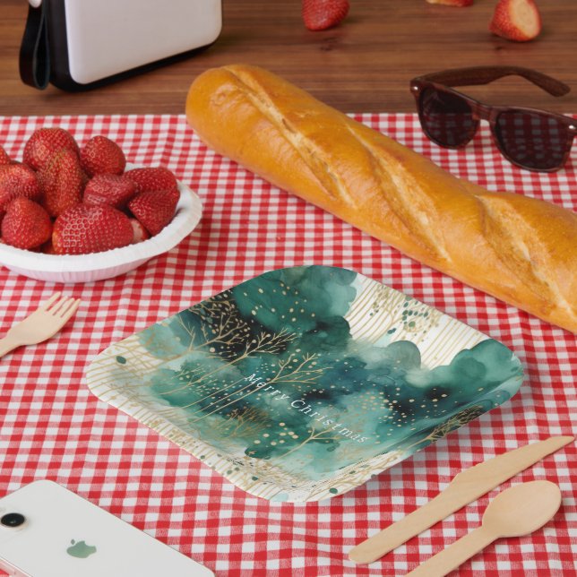 Green Gold White Trees Weihnachten Pappteller (Picknick)