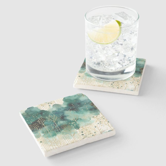 Green Gold White Trees Weihnachten Steinuntersetzer (Seitenansicht)