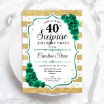 Green Gold White Überraschung 40. Geburtstag Einladung<br><div class="desc">Überraschung 40. Geburtstag Party Einladung. Weibliches smaragdgrünes Design mit Imitaten Glitzer Gold. Verfügt über weiß und goldfarbene Streifen,  Rose,  Skript-Schriftart und Konfetti. Ideal für eine elegante Damenfeier. Kann personalisiert sein,  jedes Alter zu zeigen. Gedruckte Zazzle Einladungen oder Sofortdownload digitalen druckbaren Vorlage.</div>