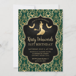 Green Gold Witch and Bats Damask 21. Geburtstag Einladung