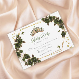 Green Golden Roses Tiara Butterflies Quinceañera RSVP Karte