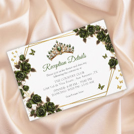 Green Golden Tiara Roses Butterflies Quinceañera Begleitkarte