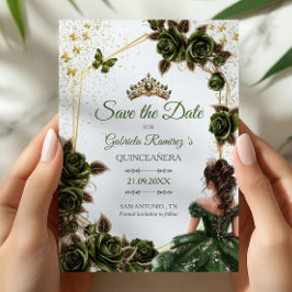 Green Golden Tiara Roses Butterfly Quinceañera Save The Date