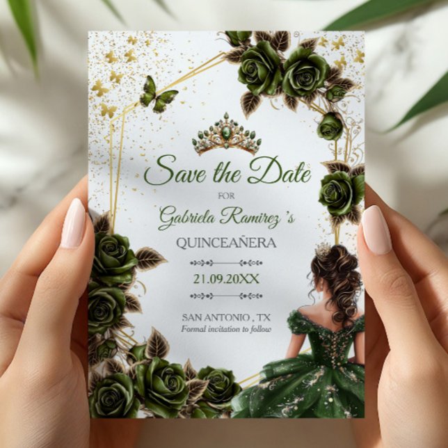Green Golden Tiara Roses Butterfly Quinceañera Save The Date (Von Creator hochgeladen)