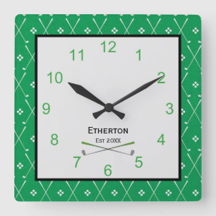 Green Golf Club Print Square Wall Clock Quadratische Wanduhr