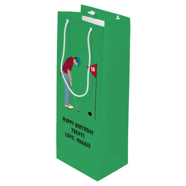 Green Golfer Putting Ball Geschenktüte Für Weinflaschen (Vorderseite Schrägansicht)