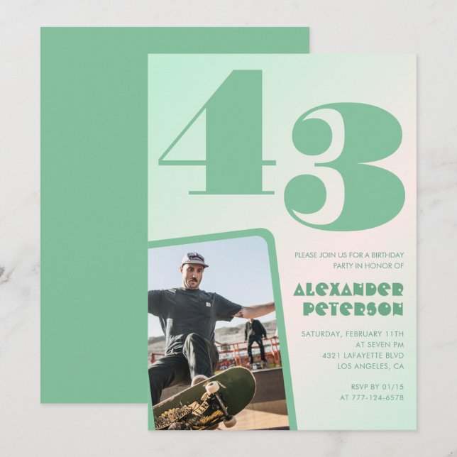 Green Gradient 43. Geburtstag Einladungen Boy Foto (Vorne/Hinten)