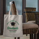 Green Graduate Personalisiert 2023 Abschluss Tragetasche<br><div class="desc">Diese moderne,  in Grün und Schwarz gehaltene Tasche mit Sonderakademie-Titel steht für den Schulnamen oder die Uni für die Klasse 2023. Passen Sie mit Ihrem geschlossen Jahr unter der schicken handgeschriebenen Drehbuch und schwarzen Gradcap für eine große personalisierte Graduierungsparty Gunst Geschenk.</div>