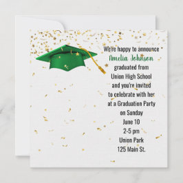 Green Graduation Cap mit Gold Confetti Einladung