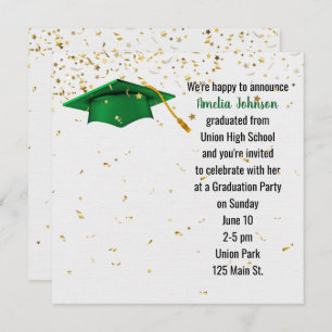 Green Graduation Cap mit Gold Confetti Einladung