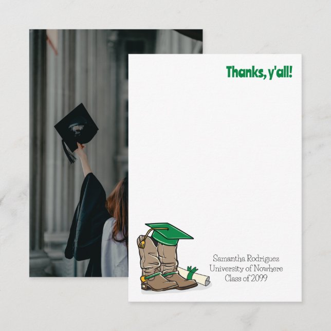 Green Graduation Cap und Cowboy Boot Dankeskarte (Vorne/Hinten)