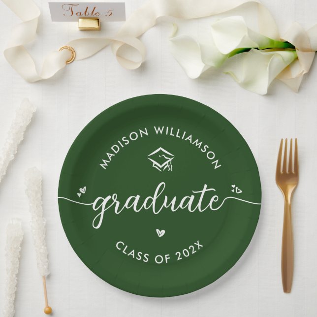 Green Graduation Script Hearts Cap Icon Modern Fun Pappteller (Hochzeit)