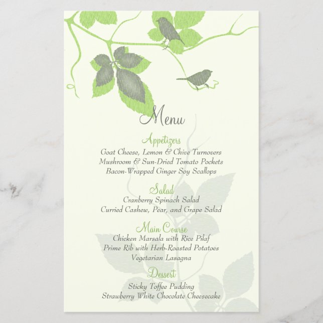Green Gray Birds and Blätter Wedding Menu Card (Vorderseite)