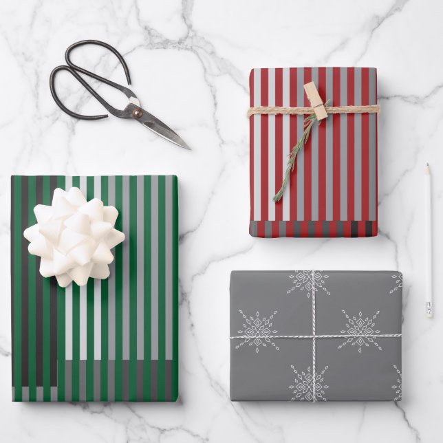 Green, Gray, Black, White Stripes Geschenkpapier Set (Vorderseite)