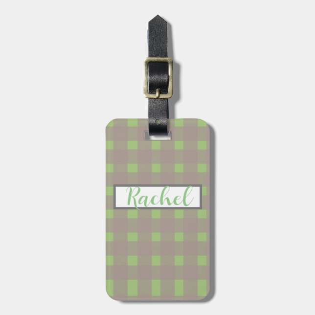 Green Gray Gingham Personalisiert Gepäckanhänger (Vorderseite vertikal)