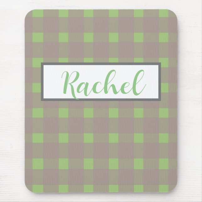 Green Gray Gingham Personalisiert Mousepad (Vorne)
