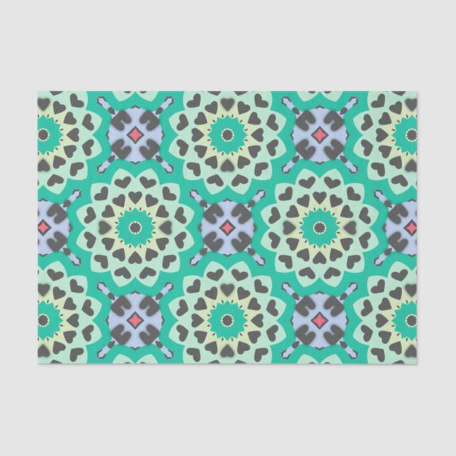 Green & Gray Hearts Ethnic Boho Geometric Muster Seidenpapier (Vorderseite)