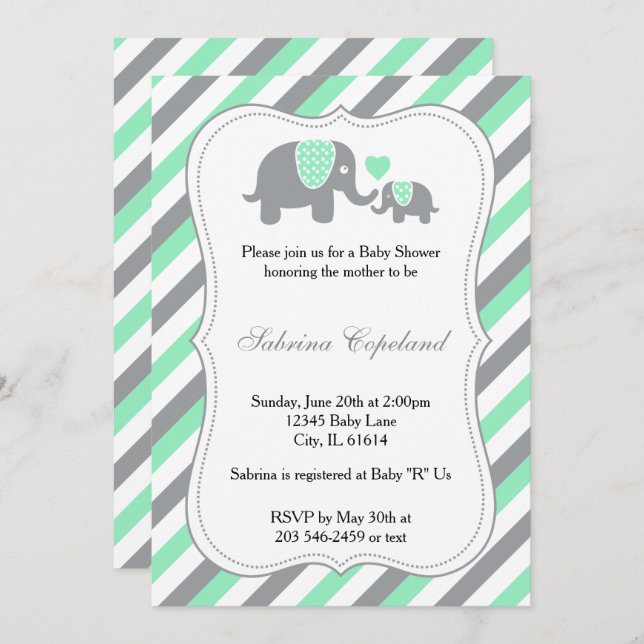 Green & Gray Stripes Baby Elephant | Babydusche Einladung (Vorne/Hinten)