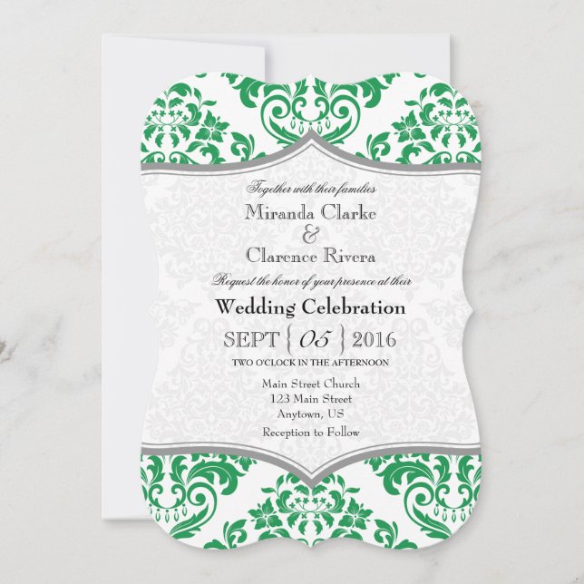 Green Grey Damask Bracket Wedite Invite Einladung (Vorderseite)