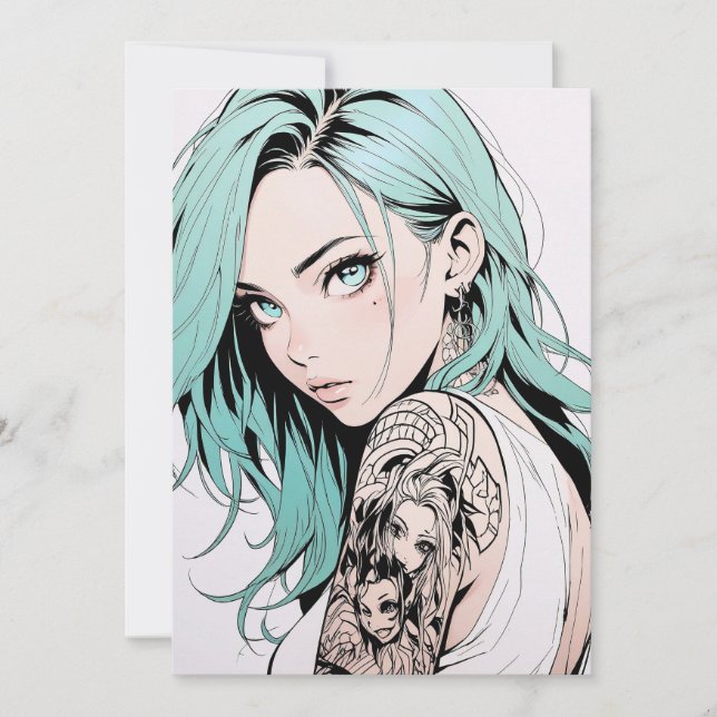 Green Hair Tattoo Anime Girl Einladung (Vorderseite)