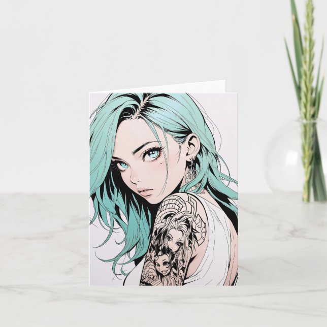 Green Hair Tattoo Anime Girl Einladung (Vorderseite)
