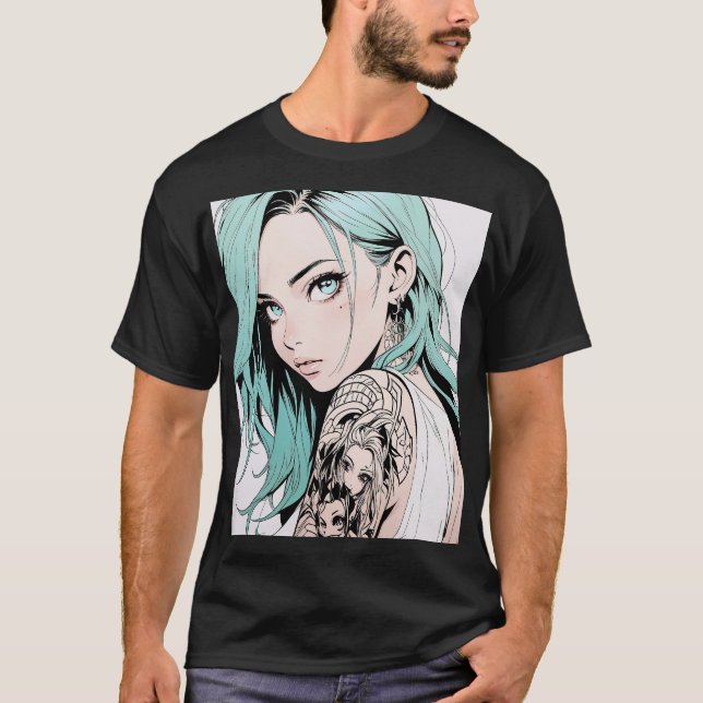 Green Hair Tattoo Anime Girl T-Shirt (Vorderseite)